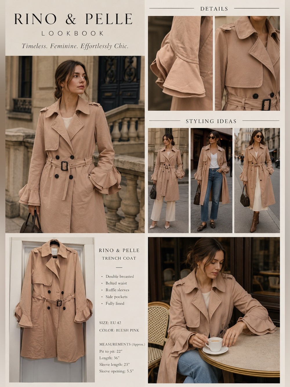 Rino & Pelle Blush Pink Belted Ruffle Sleeve Trench Coat EU 42
